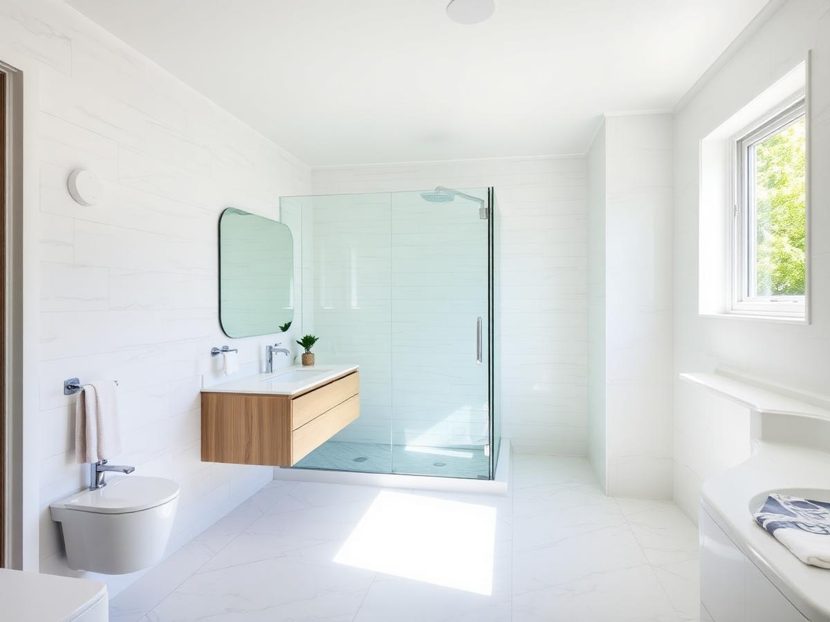 Bright finished bathroom renovation with tile shower